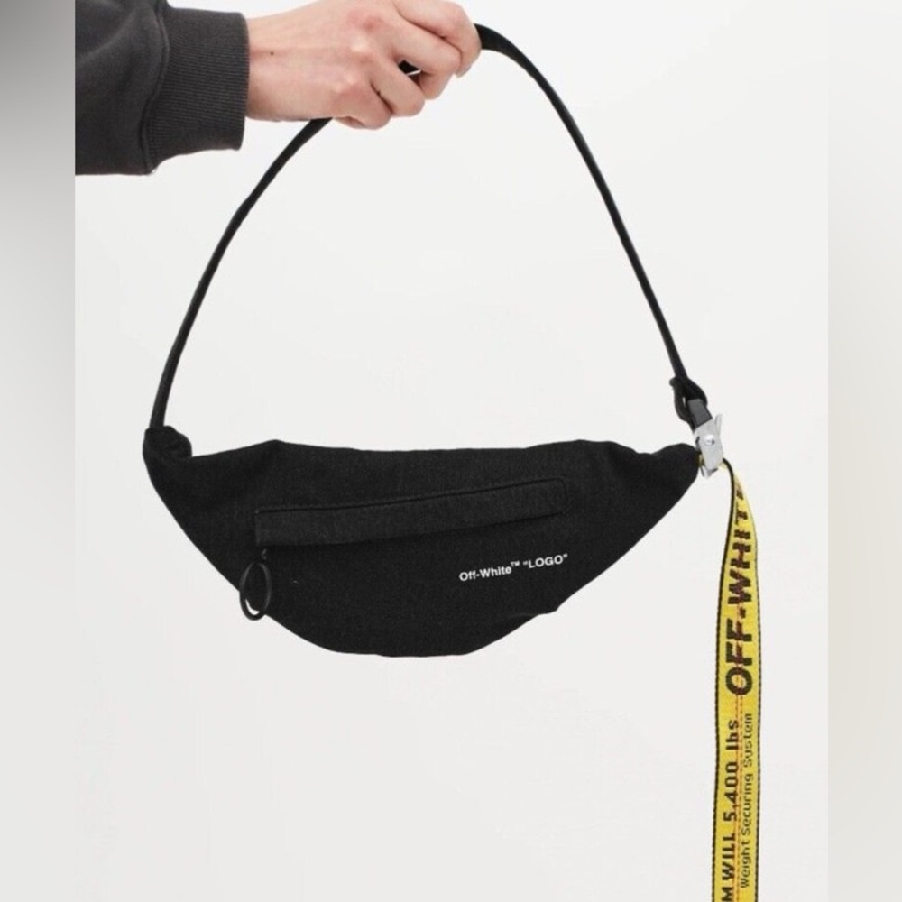 OFF-WHITE c/o Virgil Abloh Denim Black Belt Bag with Yellow Industrial Strap